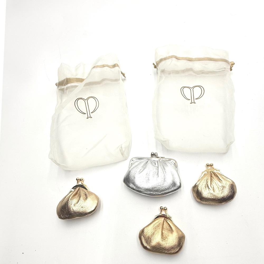 Cle de Peau Beaute Metallic Coin Purse Set Gold Silver Kiss Lock 4pc with Bags